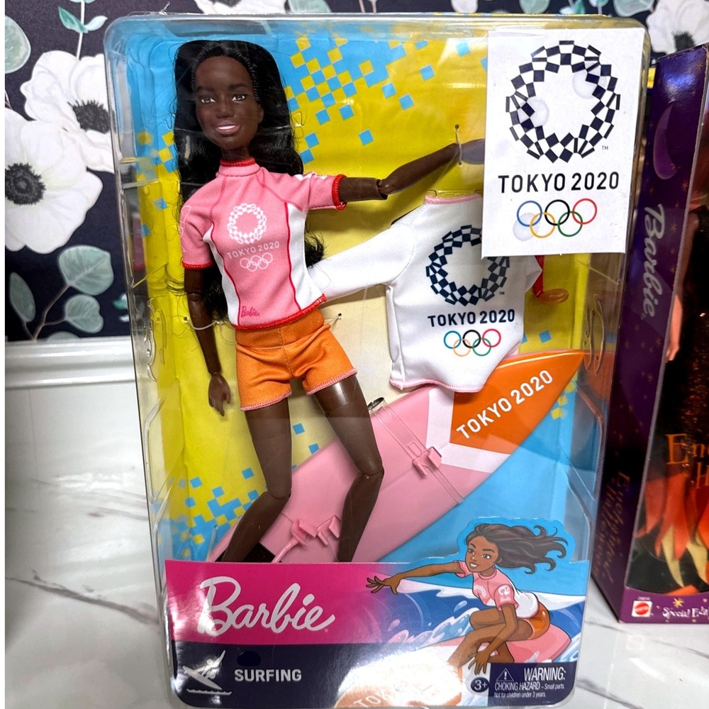 Barbie Surfing Doll Tokyo 2020‎ Olympics Pink Surfboard NIB Brown Hair